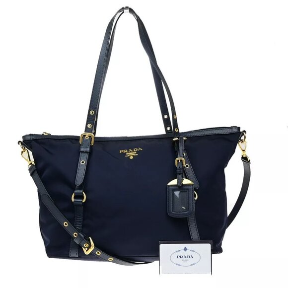 PRADA Tessuto 2Way Shoulder Hand Bag Nylon Saffiano Leather Navy Blue - Picture 1 of 16